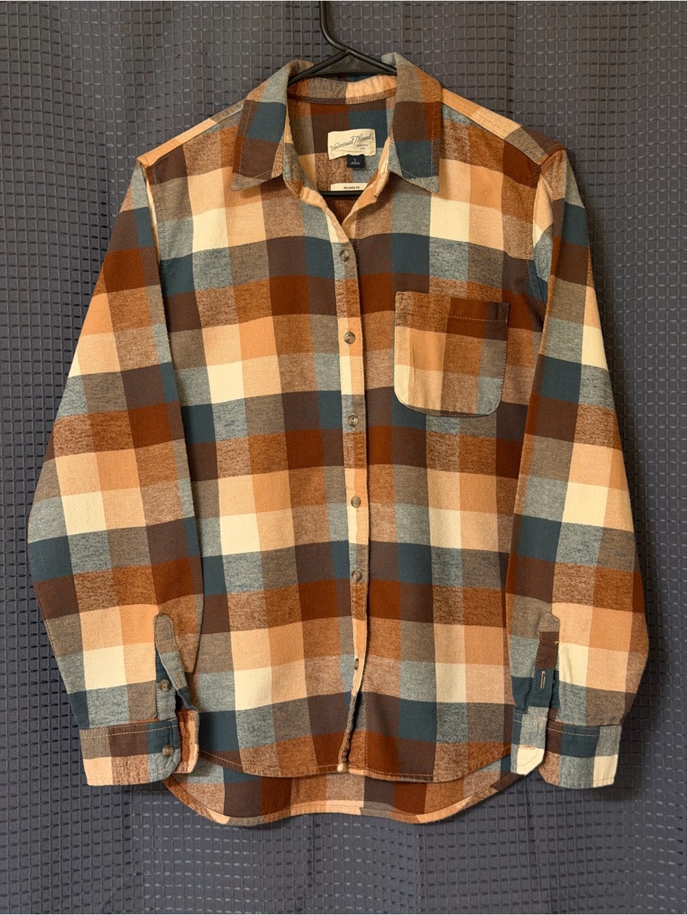 Universal Thread Women's Plaid Flannel Button-Down Shirt in Brown, Blue & Cream